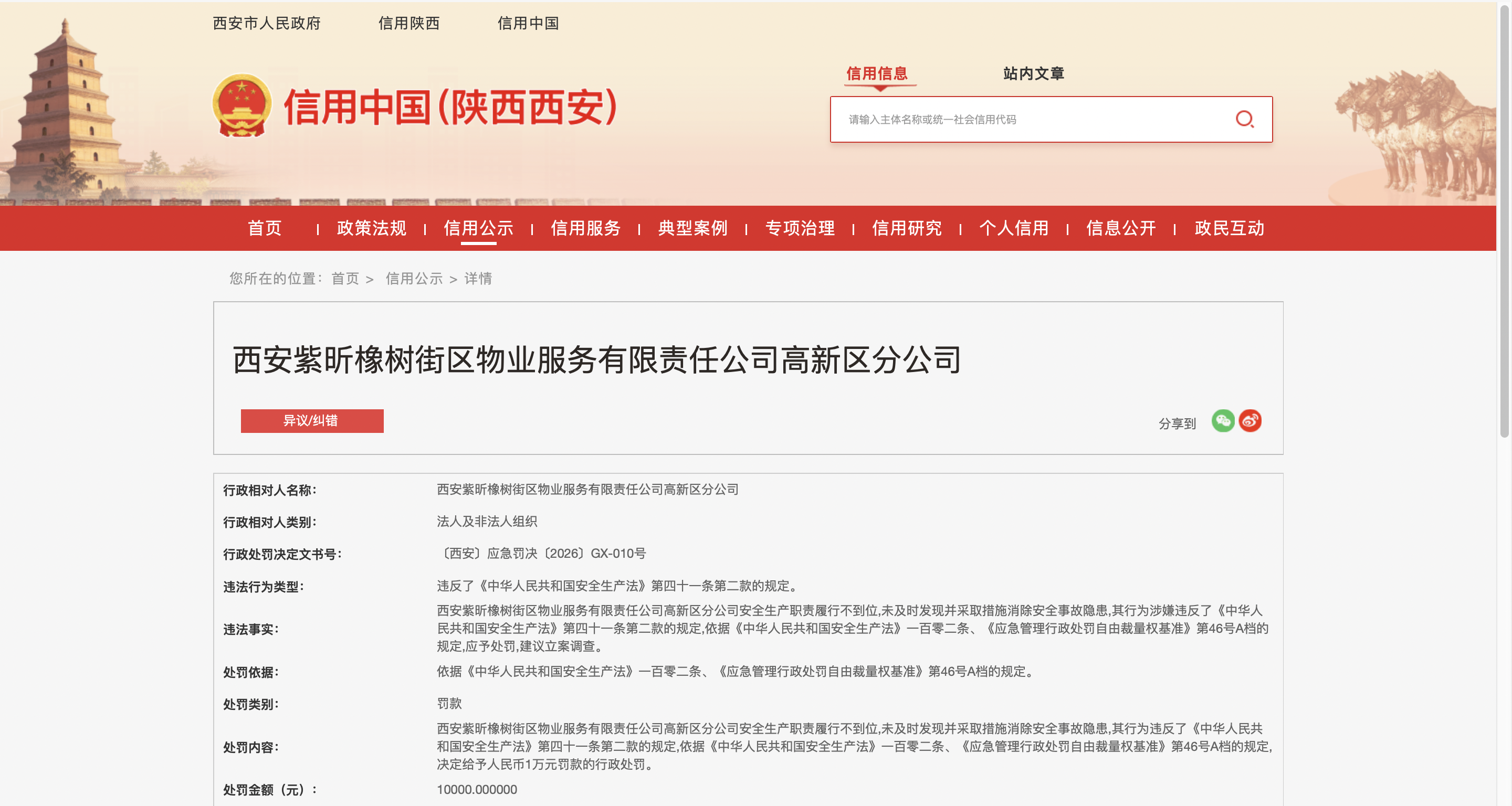 西安紫昕橡树街区物业公司高新区分公司因安全生产履职不到位被处罚1万元