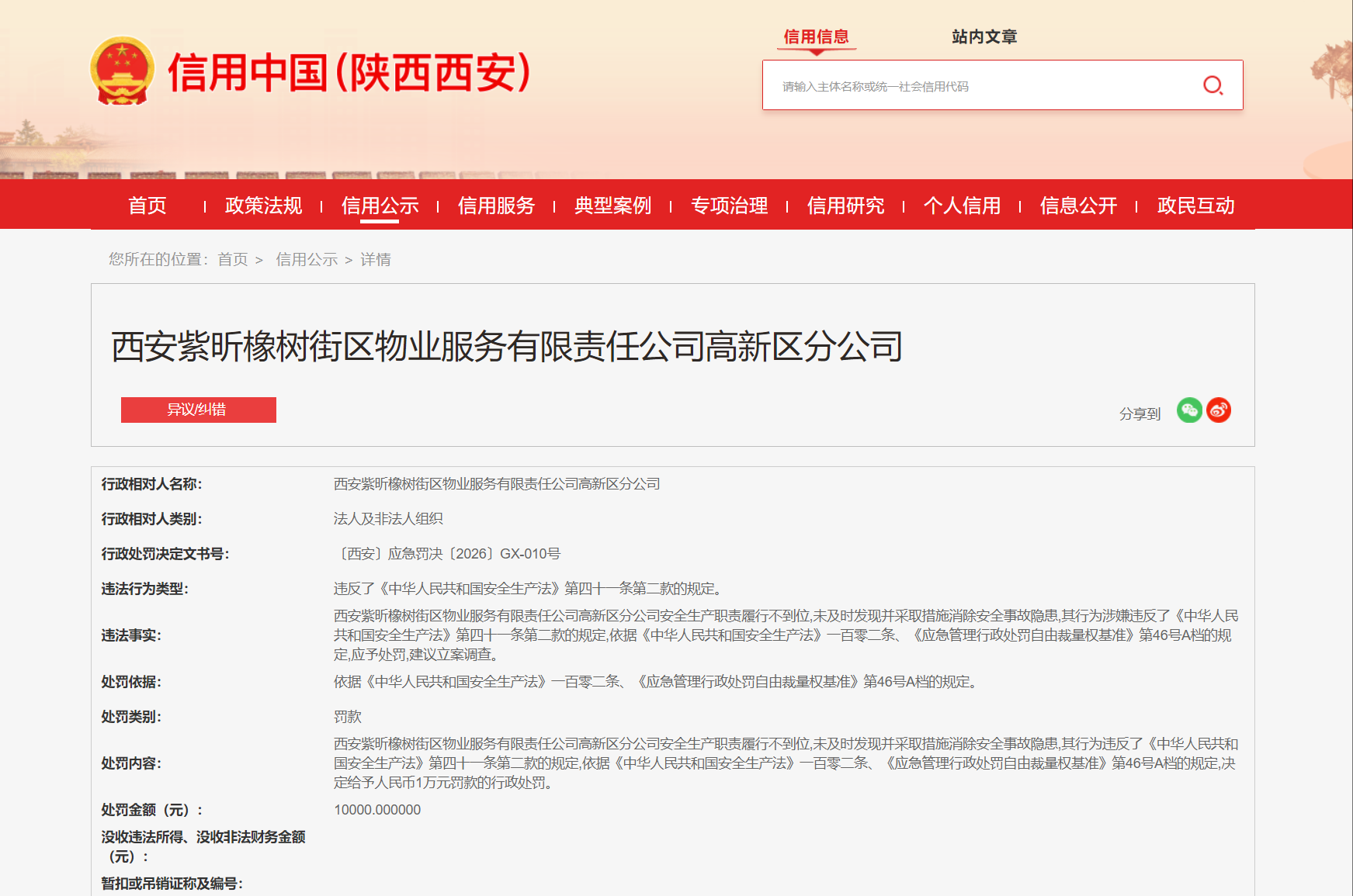 因安全生产职责履行不到位，西安紫昕橡树街区物业服务有限责任公司高新区分公司被罚